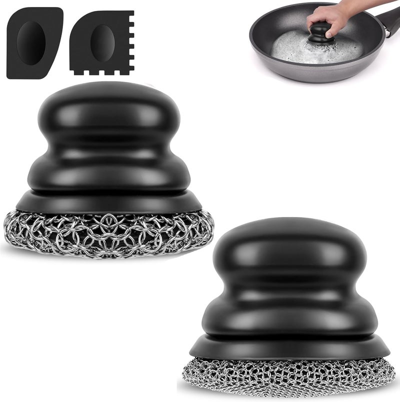 Onewly Cast Iron Scrubber (1Pack Black Coarse Mesh + 1Pack Black Fine Mesh) and and Scraper, Chain Mail Scrubber for Cleaning Stock Pots, Pans, Griddles, Grills, Cast Iron Skillets, Dish Scouring Pads - Image 1